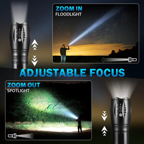 Beefy Six Pack LED Flashlights With High Lumens, 5 Mode Tactical Beam shown with adjustable focus and zoom options.