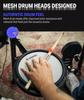 Person playing DED-200X Electronic Drum Set With Quiet Mesh Pads And Realistic Feel, 31 Kits And 450 Sounds, close-up view