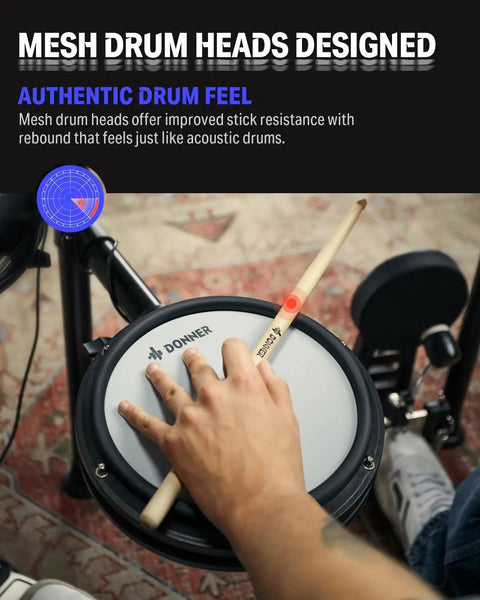 Person playing DED-200X Electronic Drum Set With Quiet Mesh Pads And Realistic Feel, 31 Kits And 450 Sounds, close-up view