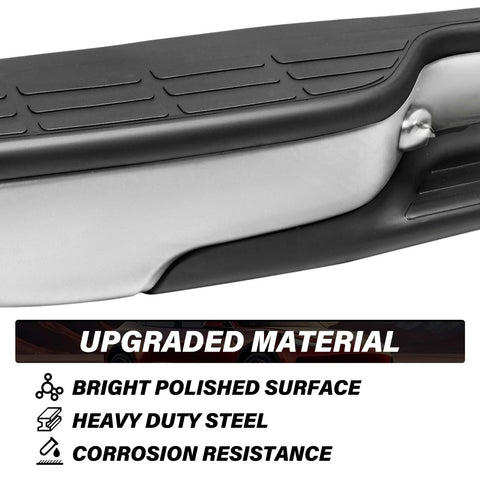Side view of rear step bumper assembly with black textured step pad and chrome polished surface.