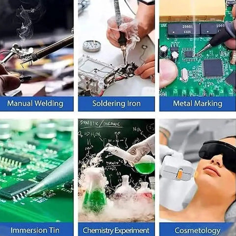 Image showing various uses of Solder Fume Extractor For DIY Welding And Soldering 100W Desktop Smoke Absorber, including welding and chemistry.