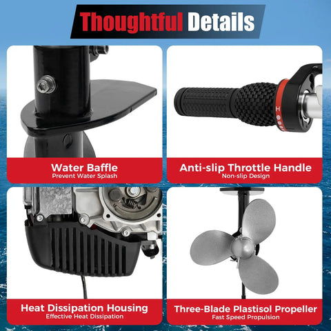4 Stroke 53.2cc Outboard Motor with air cooling hand start gasoline engine for inflatable fishing boats yachts water sports shown in detail