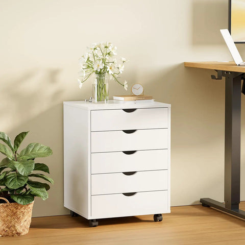 Five Drawer On Wheels Mobile Storage Chest in white wood finish next to desk