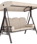 Three Seat Patio Swing Chair With Adjustable Canopy Cozy Outdoor Porch Swing Glider With Removable Cushions Pillows And Side Trays For Garden Poolside Or Backyard Beige
