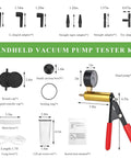 Grease Monkey Approved Single Handed Brake Bleeder Vacuum Pump Kit With Precision Gauge Adapters And Rugged Carry Case, detailed components layout.