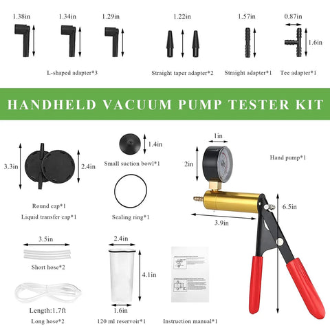 Grease Monkey Approved Single Handed Brake Bleeder Vacuum Pump Kit With Precision Gauge Adapters And Rugged Carry Case, detailed components layout.