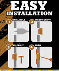 Installation steps for Brown 20mm Plasterboard Fixings For Stud Walls 4 Pack with max load of 93 kg, showing drill, insert, tap, turn.