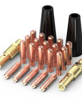 Flux Core Welding Gun Accessories Kit with 24 pcs includes 20 tips .035, 2 rubber wood gasless flux core nozzles, and 2 gas diffusers
