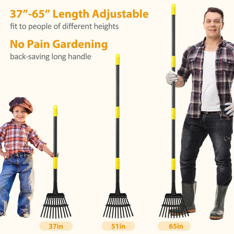 Heavy Duty Garden Leaf Rake With 9 Inch Narrow Head And 65 Inch Adjustable Handle 11 Steel Tines Rust Resistant Metal Rake next to people