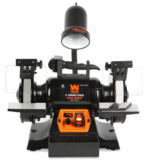 Top Shelf 6 Inch Bench Grinder With 2.5 Amp Variable Speed Motor And Built In Work Light for sharpening blades and fixing vintage gear.