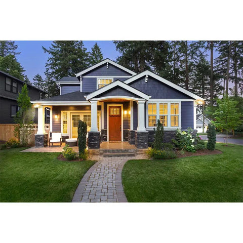 Suburban house with TGS Outdoor Integrated LED Flood Light Security Light With Square Head White, illuminated at dusk