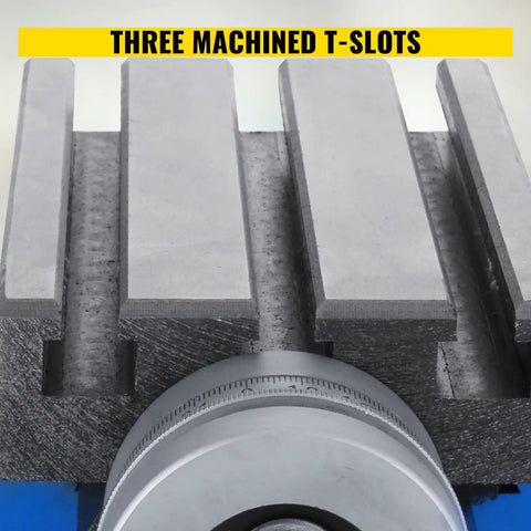 Close-up of Precision Milling Cross Slide Table for Milling Machines showing three machined T-slots on work surface