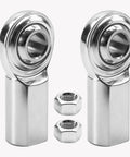 Heavy Duty 3/8 Inch Bore Rod End Bearings With Right Handed Female Thread And Jam Nuts Built Like A Tank For Hydraulic Auto Machinery Rock Solid Wear Resistant Steel Construction 2 Pack, showing two polished steel rod end bearings and two locking nuts.