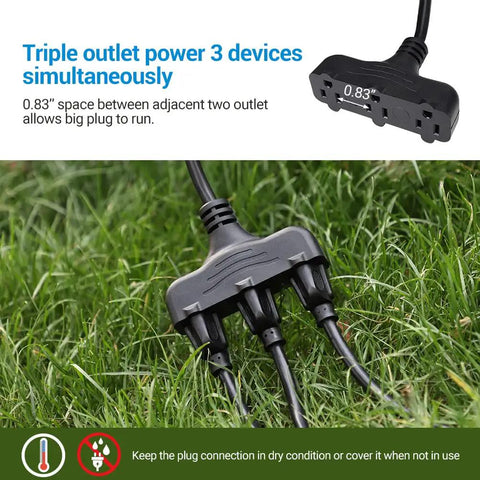 Hella Durable Outdoor Light Timer With Built In Photo Sensor And Two Foot Extension Cord For Dusk To Dawn Auto Shutoff Weatherproof Plug And Play Schedule Control. Triple outlet on grass with 0.83" space between plugs.