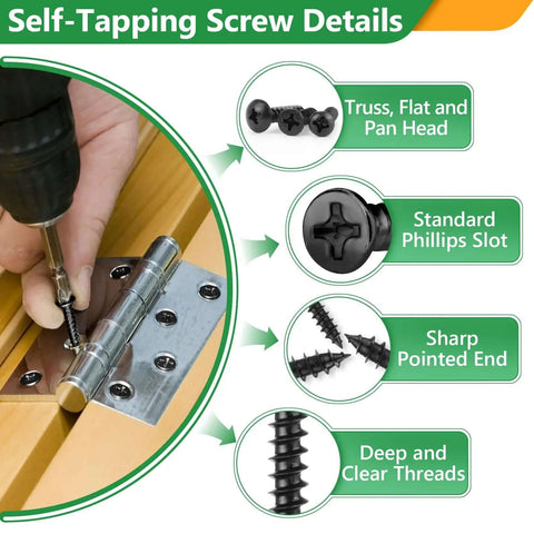 Close-up of 260 Pcs Sheet Metal Screws Assortment Kit Self Drilling Screws Kit M3 M4 M5 M6 Black Carbon Steel and their features