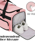 Three In One Travel Gym Bag Set For Women, Large Carry On Duffle Tote With Shoe Compartment, Wet Dry Separation, Overnight Weekend Bag, Pink, Includes Toiletry Bag And Storage Pouches showing independent shoe storage with air holes