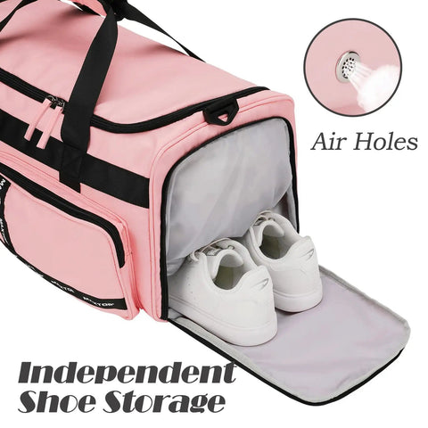 Three In One Travel Gym Bag Set For Women, Large Carry On Duffle Tote With Shoe Compartment, Wet Dry Separation, Overnight Weekend Bag, Pink, Includes Toiletry Bag And Storage Pouches showing independent shoe storage with air holes