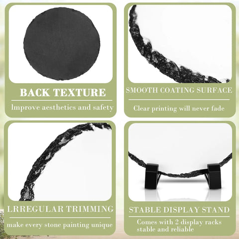 10 Pack Bulk Sublimation Slate Blanks With Display Holders For Dope DIY Crafts showing texture, smooth surface, trimming, and stands.