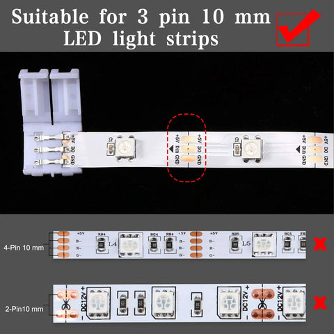 Close-up of 10mm 3 Pin LED Strip Connectors Kit Solderless for WS2811 WS2812B SK6812 RGB Light Strips with connector details