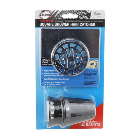 Square Shower Drain Hair Catcher Works Like A Charm By Trapping Every Stray Hair Before It Gets Into Trouble Smooth Chrome Finish. Display packaging with hair catcher and baskets.