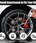 Applying Tesla Wheel Rim Touch Up Paint Gunpowder Color For Model Y 3 S X on a dark rim with masking tape and sandpaper included.