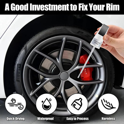 Applying Tesla Wheel Rim Touch Up Paint Gunpowder Color For Model Y 3 S X on a dark rim with masking tape and sandpaper included.