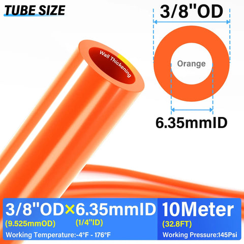 Diagram of Orange 3/8 Inch OD PU Polyurethane Air Tubing Kit 10 Meter 32.8ft showcasing dimensions and material details.