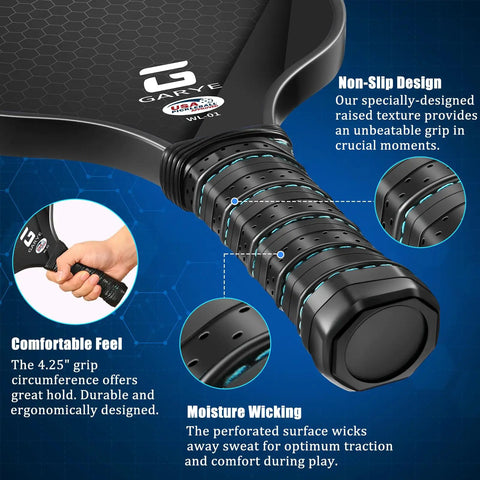 Close-up of USAPA Approved Carbon Fiber Pickleball Paddles Set For Men And Women grip, showcasing non-slip design and moisture wicking features.