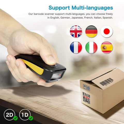 Compact Bluetooth Barcode Scanner For 1D And 2D Codes, Mini Wireless USB Cordless Reader held scanning QR code on box