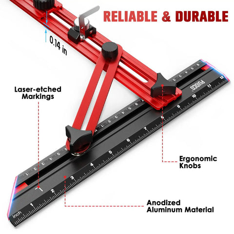 Kickass Precision Stair Tread Template Tool With Heavy Duty Locking Triangular Brace And Snappy Edge Flip Stops For Right On Target Woodworking Every Single Time close-up showing ergonomic knobs and laser-etched markings.