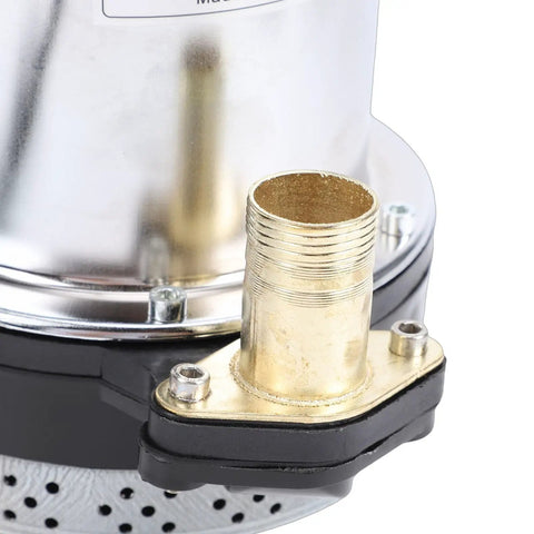 Heavy Duty Workhorse Drainage Sump Pump With Solid Stainless Steel Body And No Sweat Operation For Agricultural Garden Basement and Farm Flooding Featuring 26 Foot Lift detailed brass outlet fitting.