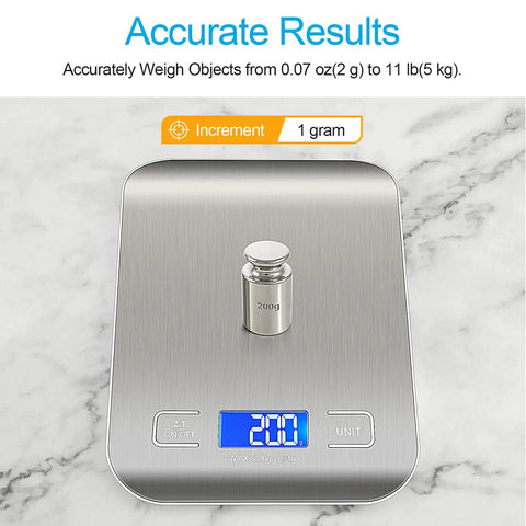 Pro Grade Ultra Precise Kitchen Scale For Cooking And Meal Prep With Easy Unit Conversion In Grams Ounces Milliliters And Kilograms, Stainless Steel Food Scale With LCD Display For Baking Keto And Weight Loss on marble surface