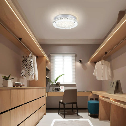 Flush Mount LED Crystal Ceiling Light, 13 Inch Modern Fixture With Edge Crystal Glass in a modern dressing room setting