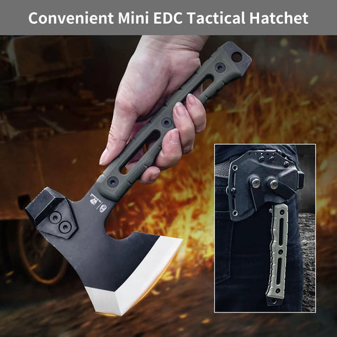 Multifunctional Splitting Axe For Camping And Bushcraft held, showing black titanium finish, OD green handle, with Kydex sheath attached