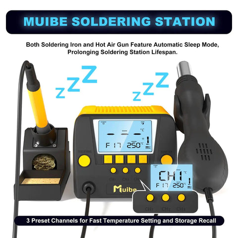 2 In 1 SMD Hot Air Rework And Soldering Station With 560W Output Preset Modes, sleep mode and temperature display.