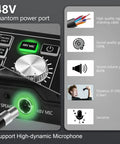 Close-up of 48V phantom power port on Two Person Podcast Gear Bundle with Dual Audio Mixer and Condenser Mics for sound quality gain.