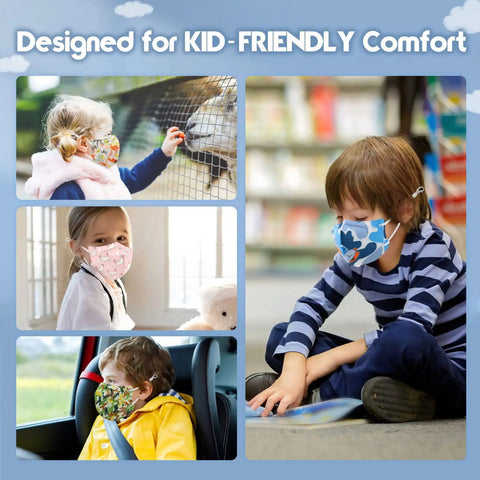 Kids wearing KN95 face masks with five-layer protection, adjustable ear loops, silicone buckles, cute animal prints, safe for outings