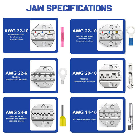 Jaw specifications for 6 In 1 Ratchet Crimping Tool Set With Interchangeable Dies For Wire Ferrules, Heat Shrink Terminals
