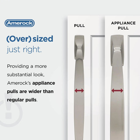 Comparison of Amerock's appliance pull and standard pull showing Champagne Bronze 24 Inch Center-To-Center Appliance Pull width.