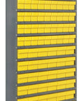 Rock Solid Heavy Duty Seven Shelf Closed Steel Rack System With Sixty Four Durable Yellow Storage Bins For Ultimate Home Garage Workspace Boss Grade Setup - front view
