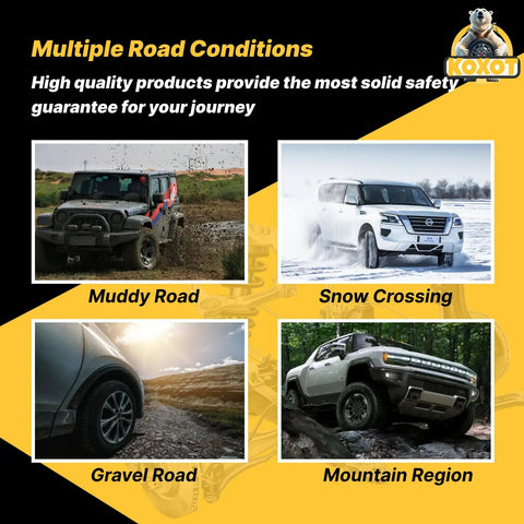 Multiple road conditions graphic with SUV use cases: muddy road, snow crossing, gravel road, mountain region