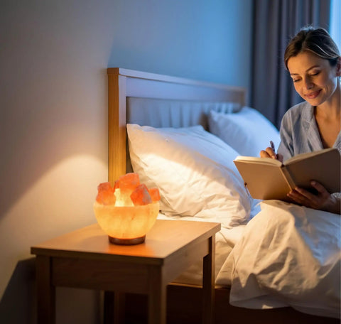 Himalayan Salt Lamp Bowl With Crystal Chunks, Dimmer Cord, And Classic Wood Base, Premium Authentic From Pakistan on bedside table