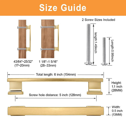 Size guide for 20 Pack Square Brushed Gold Cabinet Pulls 5 Inch Hole Centers 128mm Built To Last Durable Solid Zinc Alloy Handles