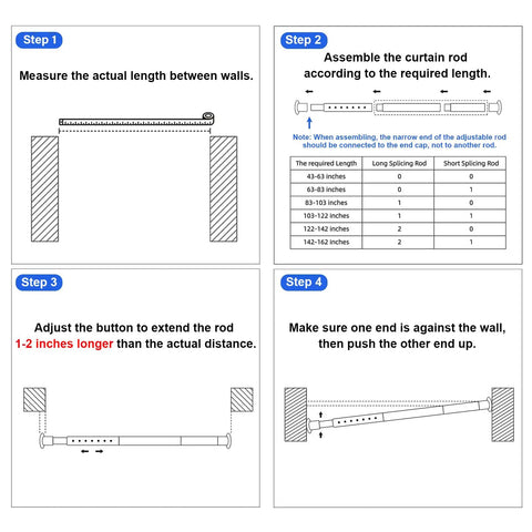 Installation steps for Heavy Duty Tension Curtain Rod 43 To 162 Inches No Drilling Adjustable 1.26 Inch Diameter in windows.