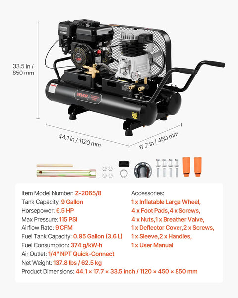 VEVOR 9 Gallon Twin-Tank Gas Powered Air Compressor, 6.5HP 9CFM Piston Pump, Max 115PSI, Mobile On Wheels For Tire Inflation Auto repairs And Spray Painting Heavy Duty Power