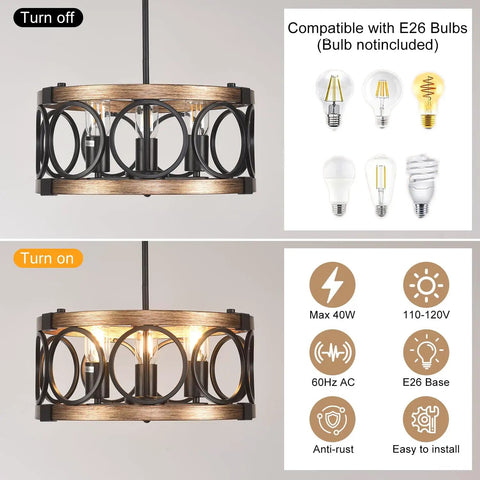 Six Light Dining Room Chandelier Over Table With Adjustable Height, Dope Black Farmhouse Drum Pendant Light, off and on