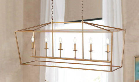 Solid Six Light Pagoda Pendant Ceiling Lamp Offering Wide Forty Nine Inch Open Wire Cage Frame Finished In Classy Antique Gold Color Combined With Timeless Energy Saving Led Bulbs For Quick Home Glow Up And Easy Install.