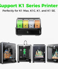 Multi Color Filament System CFS Upgrade Kit For K1 SE K1C And K1 Max 3D Printers showcasing filament and printed models.