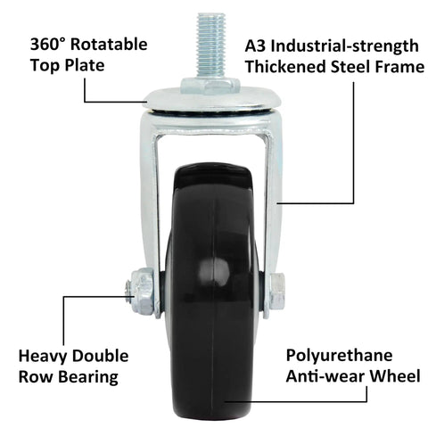 Heavy Duty 4 Inch Polyurethane Swivel Caster Wheels Set Of 4 Threaded Stem Black Industrial Cart Castors with thick steel frame