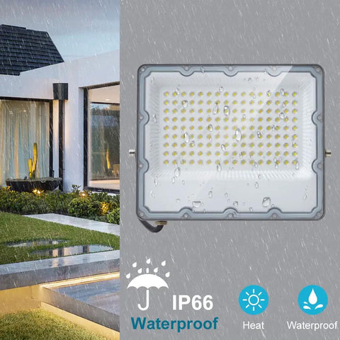 Dual Pack 100W LED Flood Lights With Plug, 12000 Lumens Bright Daylight 6000K IP66 waterproof outdoor light in rain